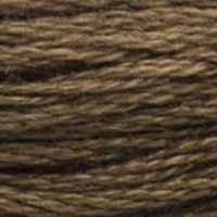 A close-up view of embroidery thread skeins, held taught horizontally. The shade is a medium dark brown like coffee with a drop of cream