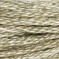 A close-up view of embroidery thread skeins, held taught horizontally. The shade is a medium light greyish brown like coffee with skim milk