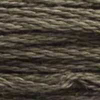 A close-up view of embroidery thread skeins, held taught horizontally. The shade is a medium dark grey with a touch of brown