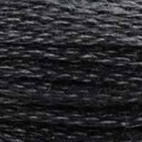 A close-up view of embroidery thread skeins, held taught horizontally. The shade is a very dark true grey