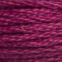 A close-up view of embroidery thread skeins, held taught horizontally. The shade is a medium purple with a touch of pink