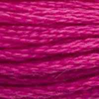 A close-up view of embroidery thread skeins, held taught horizontally. The shade is a beautiful medium bright pink that leans towards purple. This is one of my favourites!