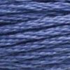 A close-up view of embroidery thread skeins, held taught horizontally. The shade is a lovely medium dark blue like early twilight in summer