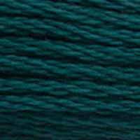 A close-up view of embroidery thread skeins, held taught horizontally. The shade is a dark bluish green like the depths of the ocean