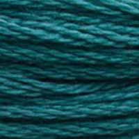A close-up view of embroidery thread skeins, held taught horizontally. The shade is a medium dark bluish green like the depths of the ocean