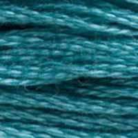 A close-up view of embroidery thread skeins, held taught horizontally. The shade is a medium bluish green like the depths of the ocean