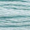 A close-up view of embroidery thread skeins, held taught horizontally. The shade is a light pretty blue with a touch of green