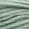 A close-up view of embroidery thread skeins, held taught horizontally. The shade is a light blue-green with a touch of grey