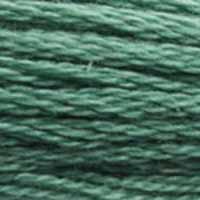 A close-up view of embroidery thread skeins, held taught horizontally. The shade is a pretty medium bluish green. Celadon is a grey-green glaze used in pottery, especially in China