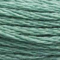 A close-up view of embroidery thread skeins, held taught horizontally. The shade is a pretty medium light bluish green. Celadon is a grey-green glaze used in pottery, especially in China.