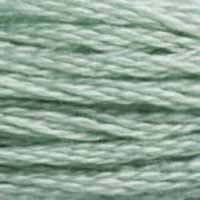 A close-up view of embroidery thread skeins, held taught horizontally. The shade is a pretty light bluish green. Celadon is a grey-green glaze used in pottery, especially in China.