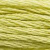 A close-up view of embroidery thread skeins, held taught horizontally. The shade is a pretty spring yellowish green