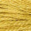 A close-up view of embroidery thread skeins, held taught horizontally. The shade is a medium dark golden yellow with a touch of green