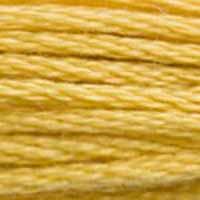 A close-up view of embroidery thread skeins, held taught horizontally. The shade is a medium golden yellow with a touch of green