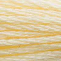 A close-up view of embroidery thread skeins, held taught horizontally. The shade is a very light yellow with a touch of pink