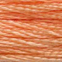 A close-up view of embroidery thread skeins, held taught horizontally. The shade is a light peachy orange