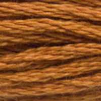 A close-up view of embroidery thread skeins, held taught horizontally. The shade is a medium dark brown