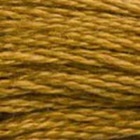 A close-up view of embroidery thread skeins, held taught horizontally. The shade is a medium dark golden brown with a touch of yellow