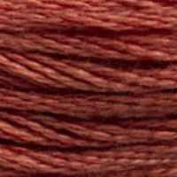 A close-up view of embroidery thread skeins, held taught horizontally. The shade is a dark reddish brown
