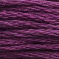 A close-up view of embroidery thread skeins, held taught horizontally. The shade is a dark pure purple.