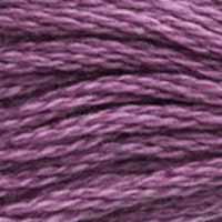 A close-up view of embroidery thread skeins, held taught horizontally. The shade is a medium dark pure purple