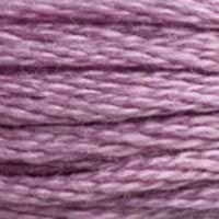 A close-up view of embroidery thread skeins, held taught horizontally. The shade is a medium light pure purple. Sounds like a soft drink.