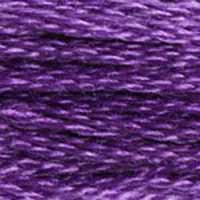 A close-up view of embroidery thread skeins, held taught horizontally. The shade is a medium dark bright purple