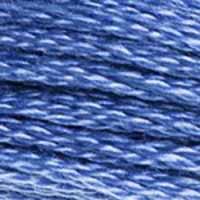 A close-up view of embroidery thread skeins, held taught horizontally. The shade is a medium dark bright blue with a hint of purple