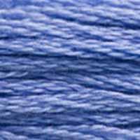 A close-up view of embroidery thread skeins, held taught horizontally. The shade is a medium bright blue with a hint of purple
