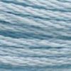 A close-up view of embroidery thread skeins, held taught horizontally. The shade is a pretty light blue like a baby blue