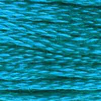 A close-up view of embroidery thread skeins, held taught horizontally. The shade is a vibrant bright blue, similar to Peacock Blue
