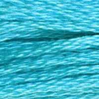 A close-up view of embroidery thread skeins, held taught horizontally. The shade is a lovely bright medium light blue, similar to Peacock Blue