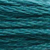 A close-up view of embroidery thread skeins, held taught horizontally. The shade is a medium dark bluish green