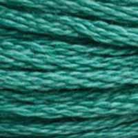 A close-up view of embroidery thread skeins, held taught horizontally. The shade is a medium bluish green, like a sea green