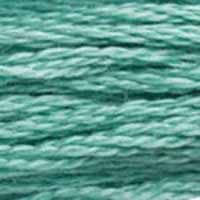 A close-up view of embroidery thread skeins, held taught horizontally. The shade is a light bluish green, like a sea green