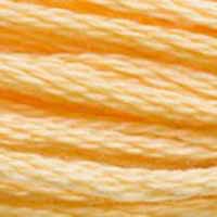 A close-up view of embroidery thread skeins, held taught horizontally. The shade is a pretty light orangey yellow.