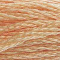 A close-up view of embroidery thread skeins, held taught horizontally. The shade is a pretty light peachy pink.