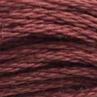 A close-up view of embroidery thread skeins, held taught horizontally. The shade is a medium dark reddish brown