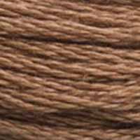 A close-up view of embroidery thread skeins, held taught horizontally. The shade is a medium creamy brown like hot chocolate