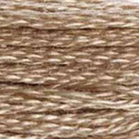 A close-up view of embroidery thread skeins, held taught horizontally. The shade is a light creamy brown like hot chocolate with too much milk and not enough chocolate