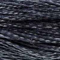 A close-up view of embroidery thread skeins, held taught horizontally. The shade is a dark grey shade with overtones of navy blue, like metal frozen in a blizzard. 