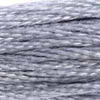 A close-up view of embroidery thread skeins, held taught horizontally. The shade is a pretty light grey shade with overtones of blue, like the crest of a wave at night.
