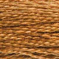 A close-up view of embroidery thread skeins, held taught horizontally. The shade is a medium shade of brown with just a hint of golden tone, like the crust of a fresh-baked bread loaf.