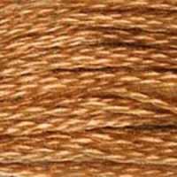 A close-up view of embroidery thread skeins, held taught horizontally. The shade is a medium light shade of tan brown, like a damp terracotta pot.