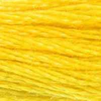 A close-up view of embroidery thread skeins, held taught horizontally. The shade is a bright intense yellow, an excellent primary colour, like a dandelion in hi-vis vest.