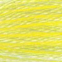 A close-up view of embroidery thread skeins, held taught horizontally. The shade is a soft shade of bright yellow, perfect for shading with #444 Lemon Dark, like a sour lemon gumball.