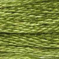 A close-up view of embroidery thread skeins, held taught horizontally. The shade is a medium light green, one of the most commonly used colours, like willow leaves.