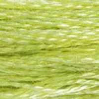 A close-up view of embroidery thread skeins, held taught horizontally. The shade is a light yellowish green, one of the most commonly used colours, like white wine grapes.