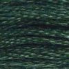 A close-up view of embroidery thread skeins, held taught horizontally. The shade is a rich, deep shade about halfway between blue and green, like a blue spruce Christmas tree.