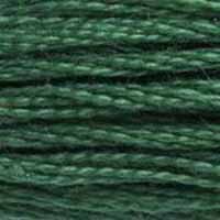 A close-up view of embroidery thread skeins, held taught horizontally. The shade is a rich deep green with just a hint of blue, like a fresh-bought Christmas Tree.